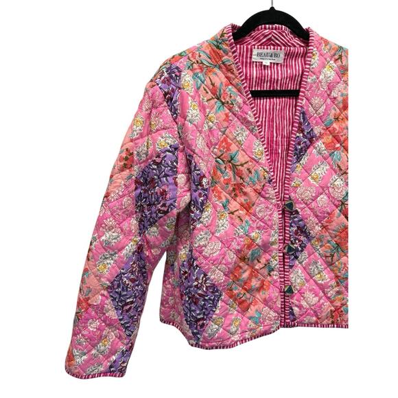 Beau & Ro Quilted Patchwork Jacket Pink Floral Cotton Blend Button Front XL - Picture 6 of 12